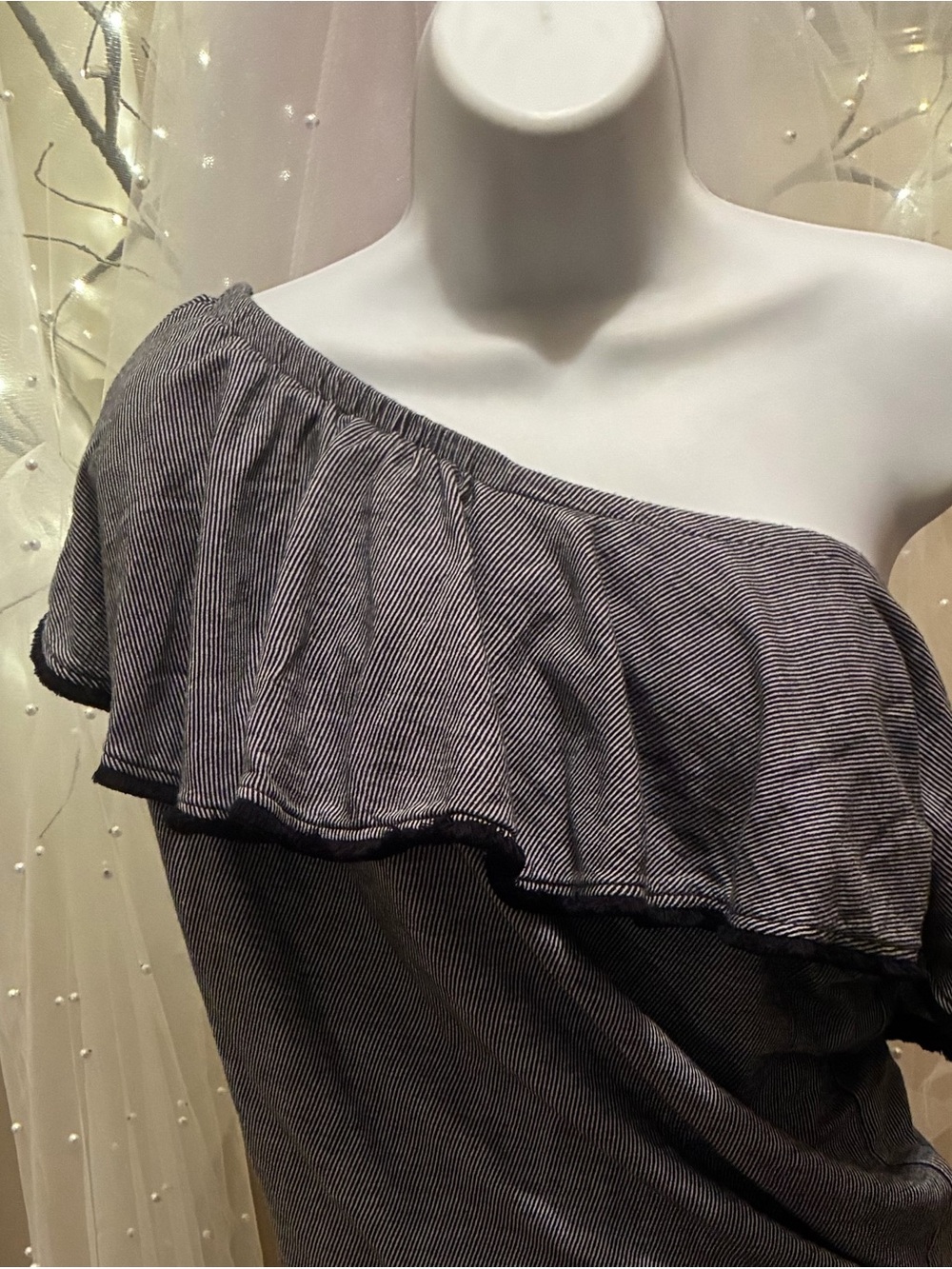 LOFT One-Shoulder Ruffle Stripe Top in Navy